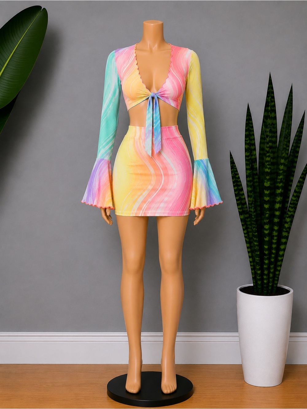 Tie-Front Pastel Wave Bodycon Mini Skirt - Multicolor